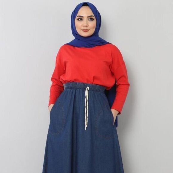 NEW Tesettur Dunyasi LACED HIJAB DENIM SKIRT DARK BLUE - Picture 6 of 9